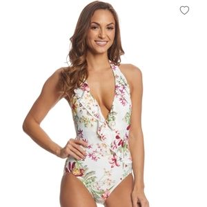 Carmen Marc Valvo Botanical Halter Ruffle One Piece Swimsuit